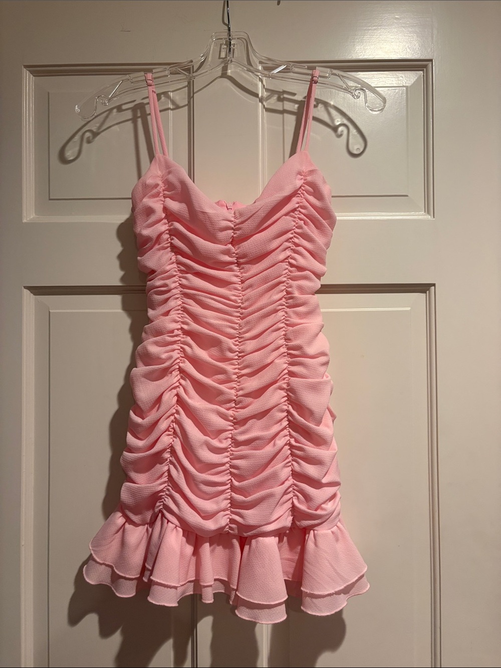 Lucy in the Sky Pink Ruched Ruffle Mini Dress